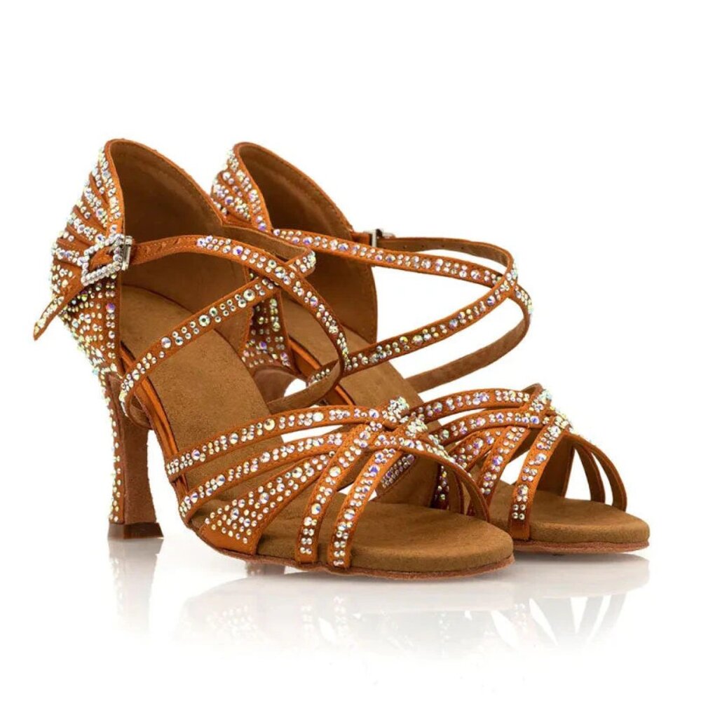 Women's Brown Customized Heel Open Toe Strappy Dance Shoes With Crystals 3.5in